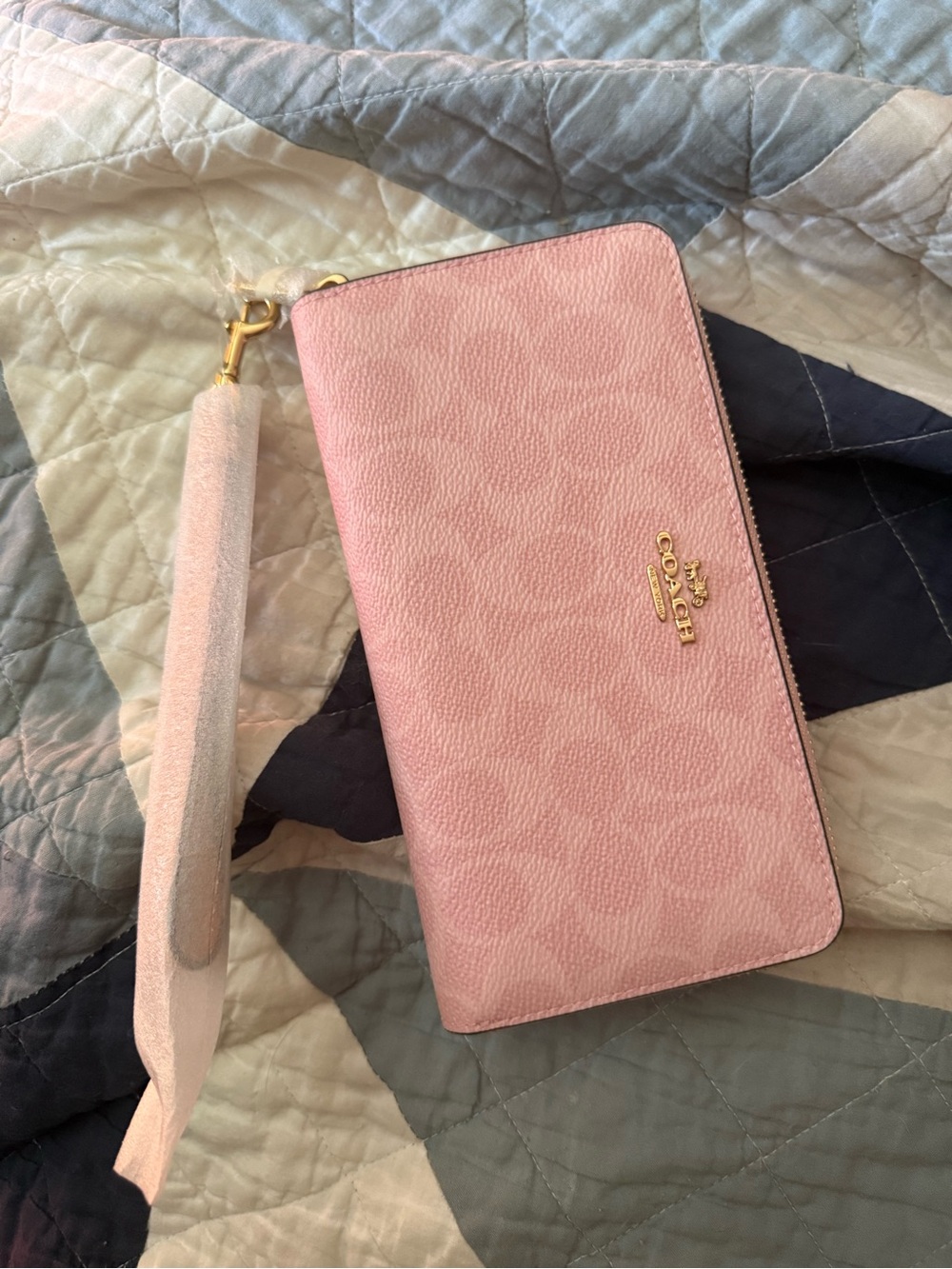 Coach Pink Signature Zip Wristlet with Gold Logo